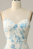 White Blue Flower A-Line Spaghetti Straps Chiffon Floor-Length Bridesmaid Dress