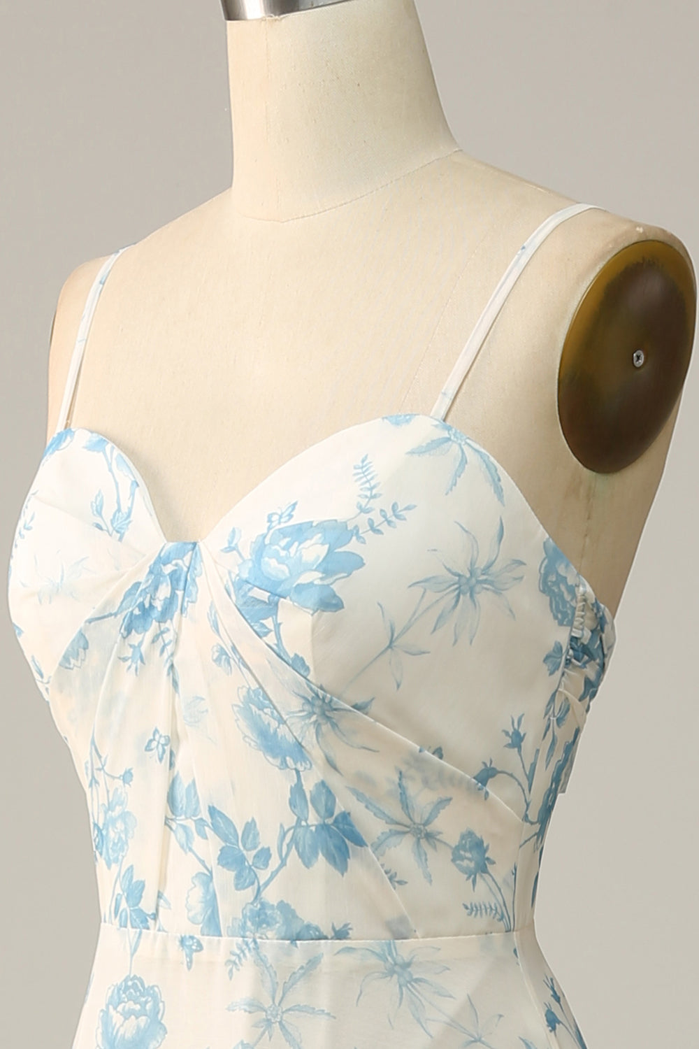 White Blue Flower A-Line Spaghetti Straps Chiffon Floor-Length Bridesmaid Dress