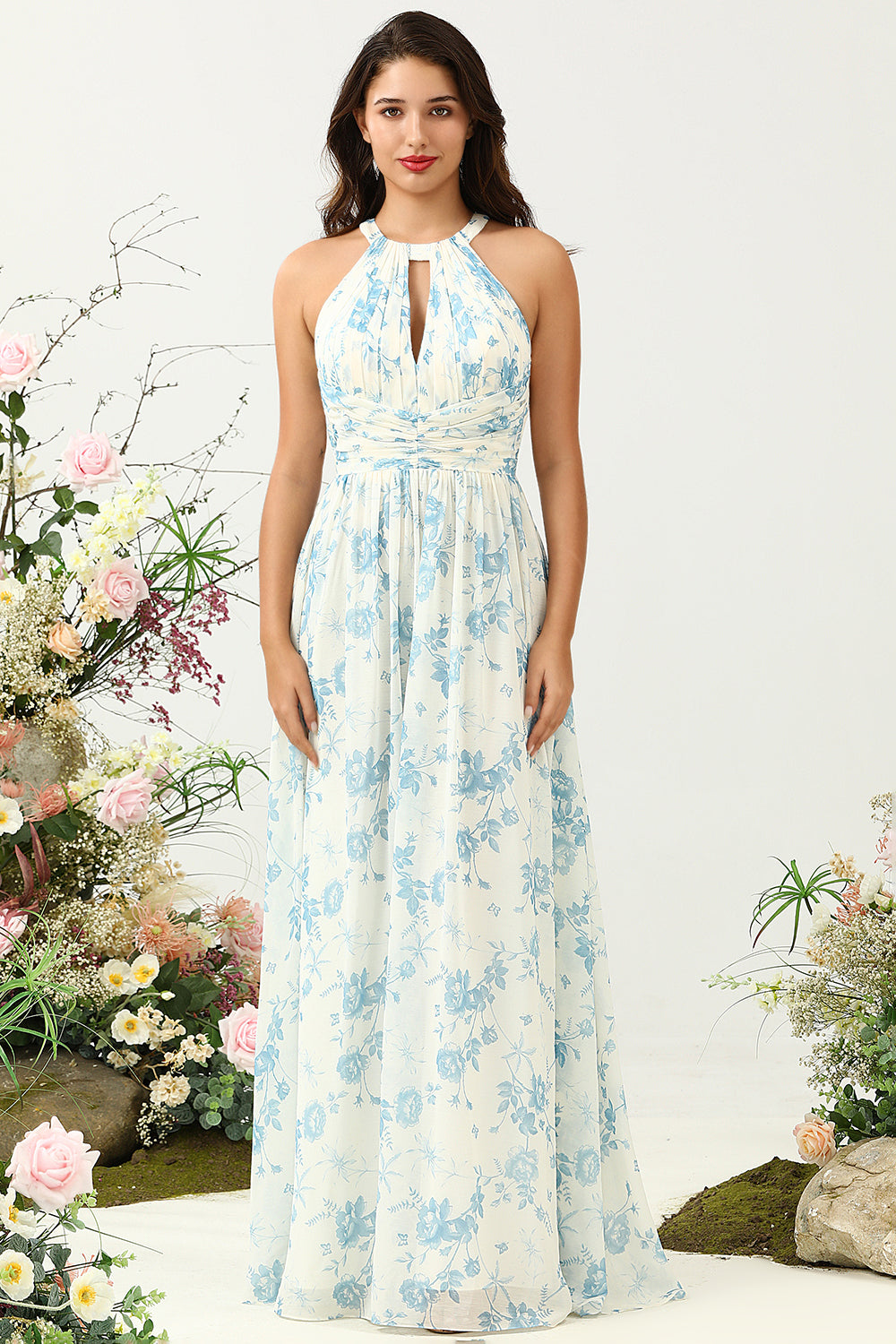 White Blue Flower A Line Halter Backless Ruched Chiffon Bridesmaid Dress