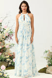 White Blue Flower A Line Halter Backless Ruched Chiffon Bridesmaid Dress
