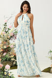 White Blue Flower A Line Halter Backless Ruched Chiffon Bridesmaid Dress