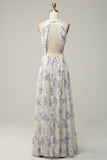 White Purple Flower Sheath Halter Backless Ruched Chiffon Bridesmaid Dress