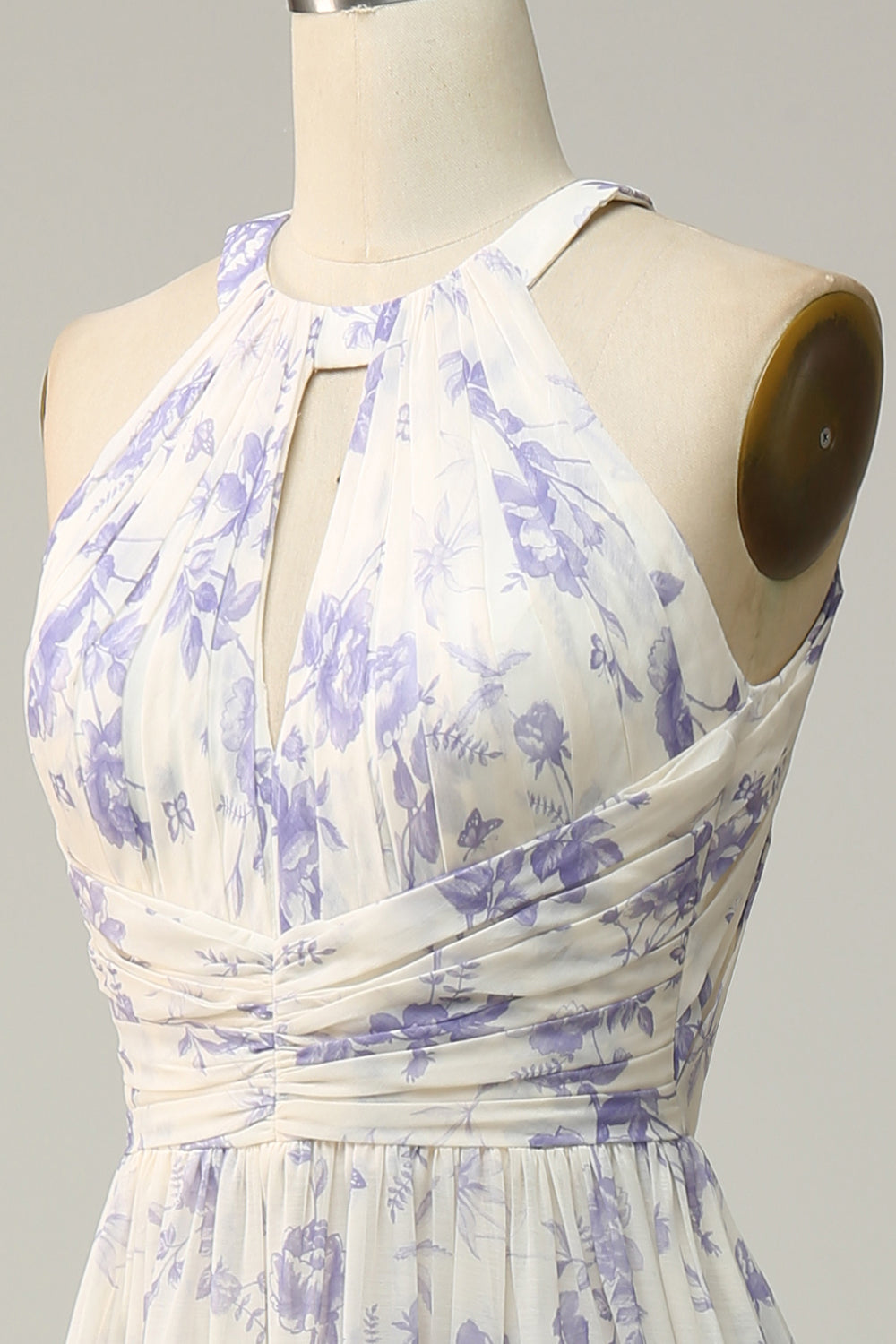 White Purple Flower Sheath Halter Backless Ruched Chiffon Bridesmaid Dress