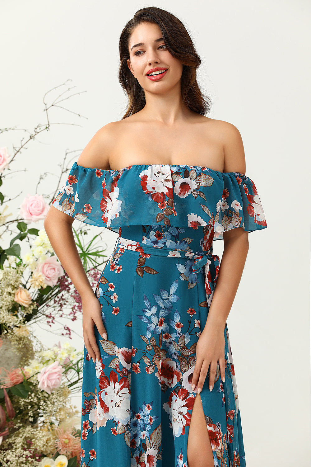 Dark Blue A Line Off The Shoulder Floral Print Chiffon Bridesmaid Dress