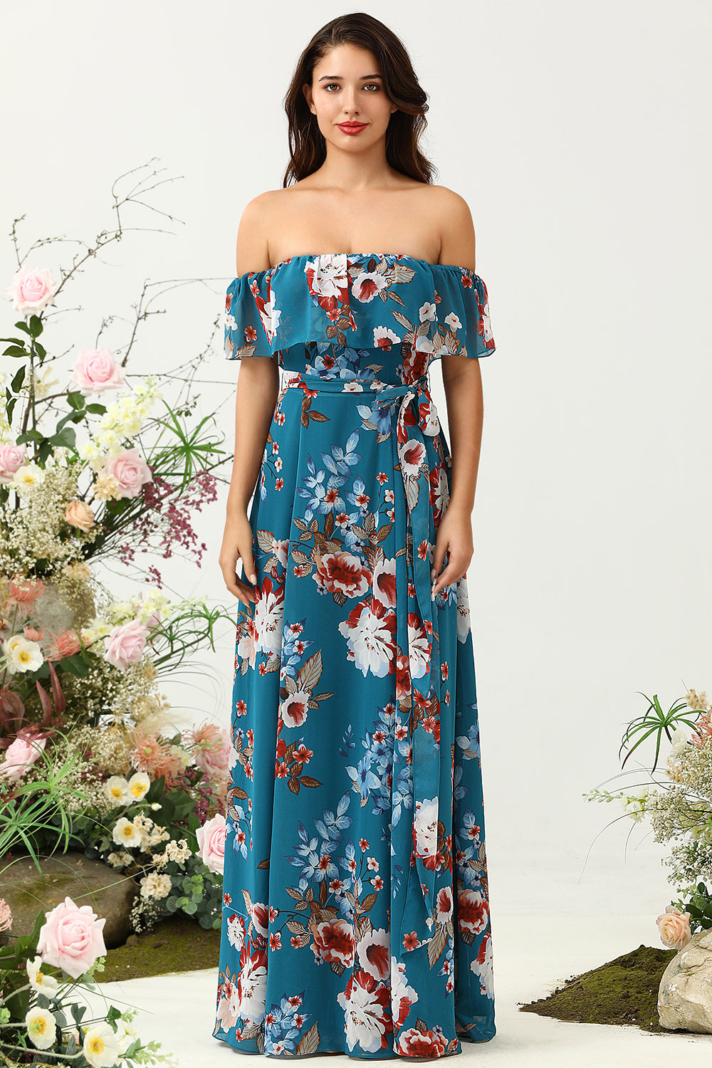 Dark Blue A Line Off The Shoulder Floral Print Chiffon Bridesmaid Dress
