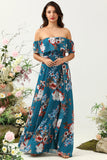 Dark Blue A Line Off The Shoulder Floral Print Chiffon Bridesmaid Dress