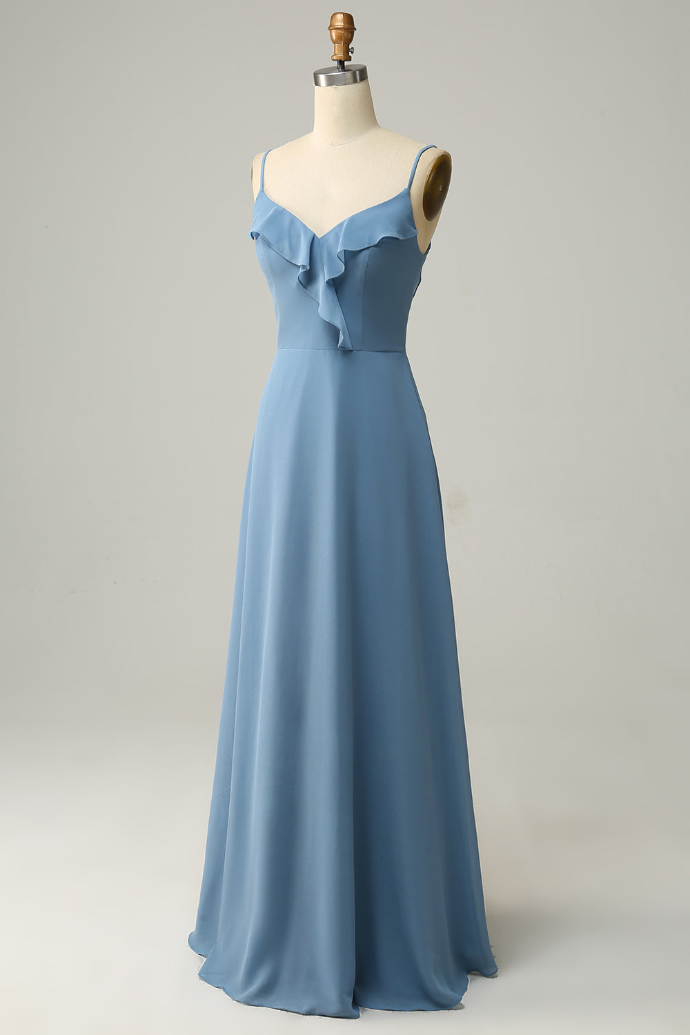 Grey Blue A Line Spaghetti Straps Floor Length Bridesmaid Dress with Ruffles