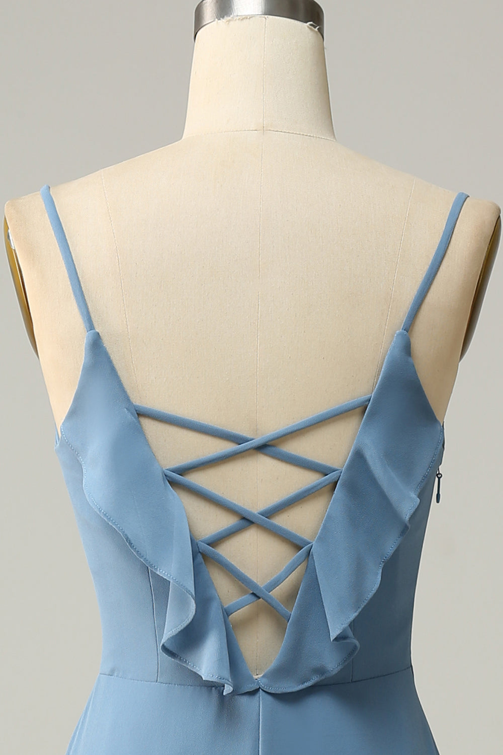 Grey Blue A Line Spaghetti Straps Floor Length Bridesmaid Dress with Ruffles