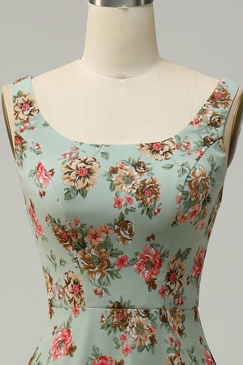 Green Floral A Line Square Neck Long Bridesmaid Dress with Open Back