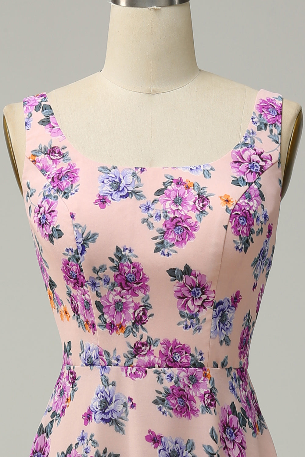 Green Floral A Line Square Neck Long Bridesmaid Dress with Open Back