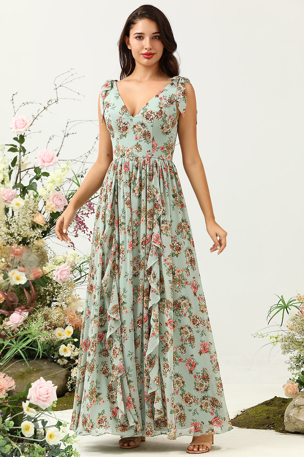 Green Floral A Line V Neck Printed Long Bridesmaid Dress with Ruffles