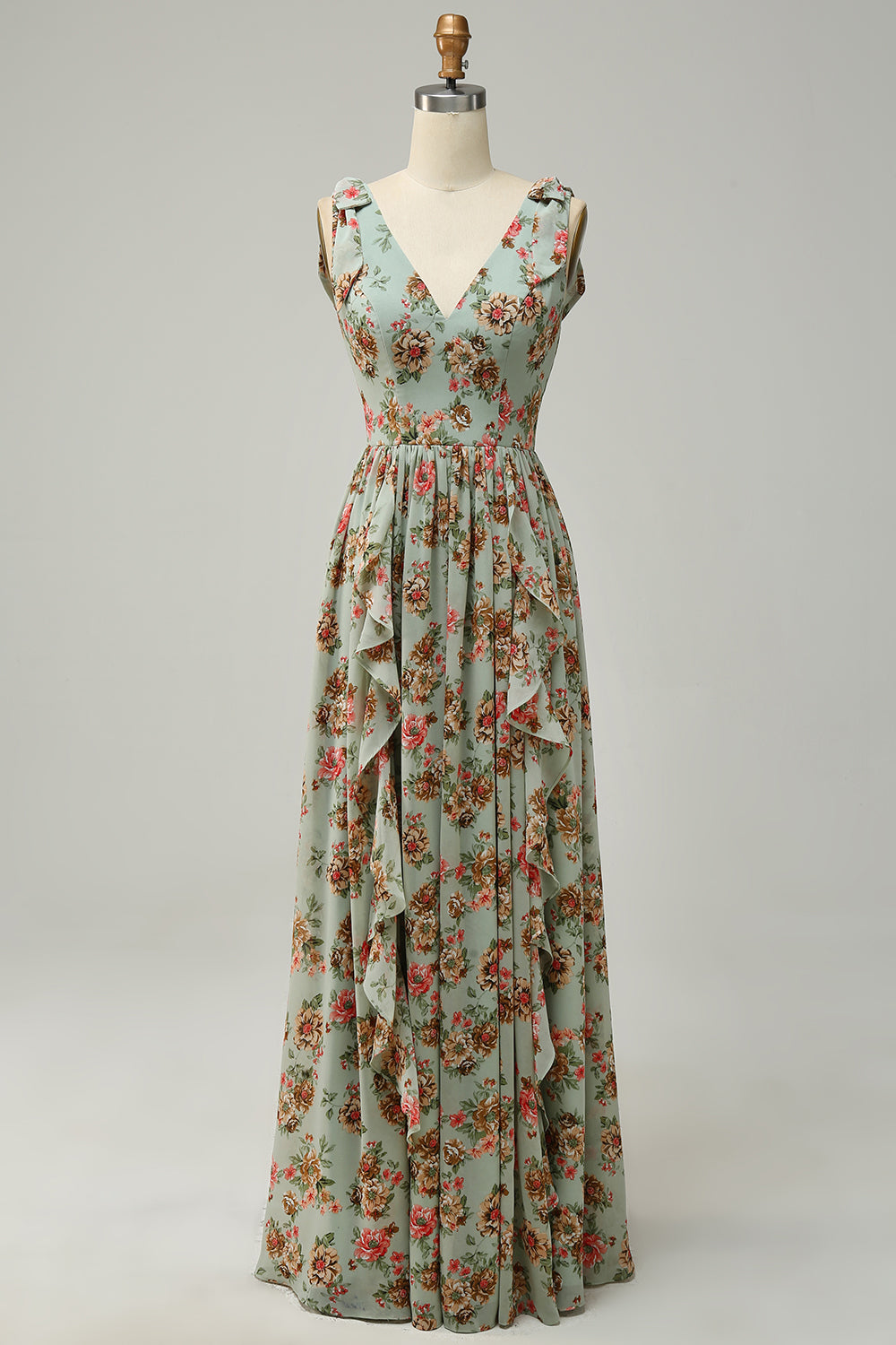 Green Floral A Line V Neck Printed Long Bridesmaid Dress with Ruffles