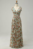 Green Floral A Line V Neck Printed Long Bridesmaid Dress with Ruffles