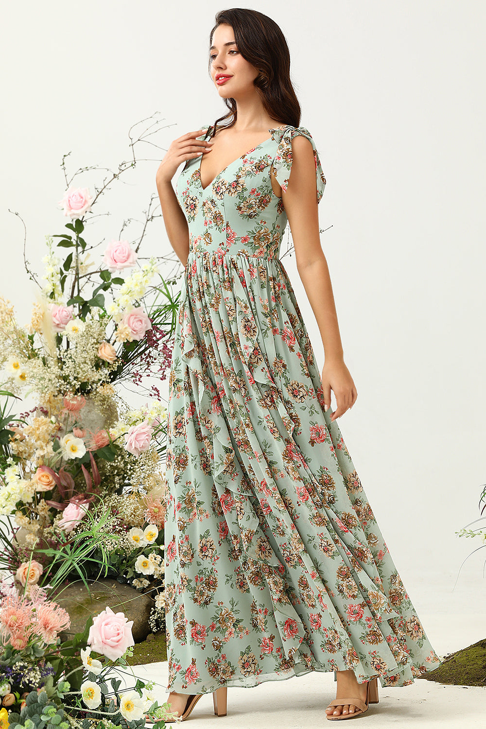 Green Floral A Line V Neck Printed Long Bridesmaid Dress with Ruffles