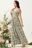 Green Floral A Line V Neck Printed Long Bridesmaid Dress with Ruffles