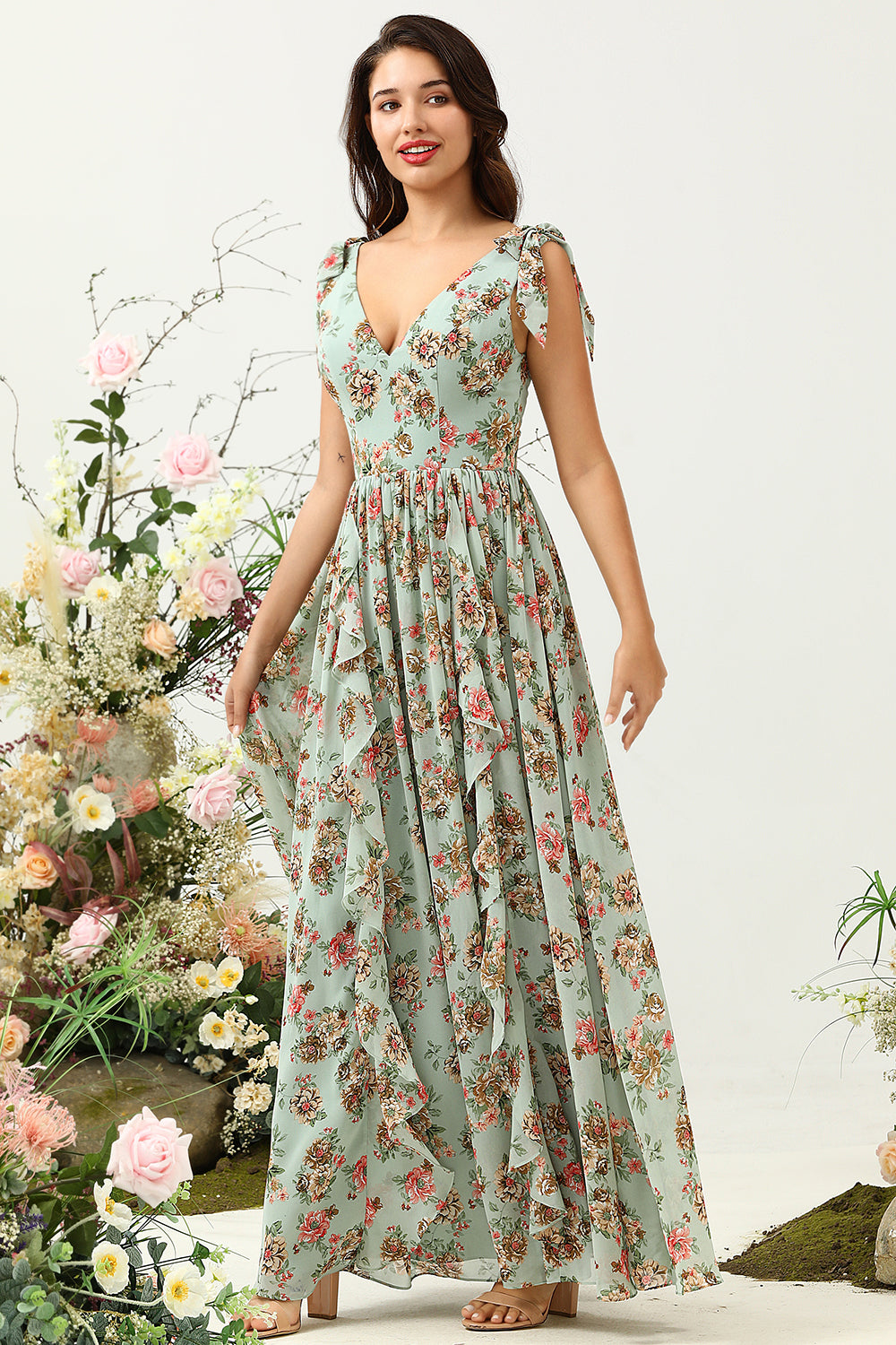 Green Floral A Line V Neck Printed Long Bridesmaid Dress with Ruffles
