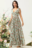 Green Floral A Line V Neck Printed Long Bridesmaid Dress with Ruffles