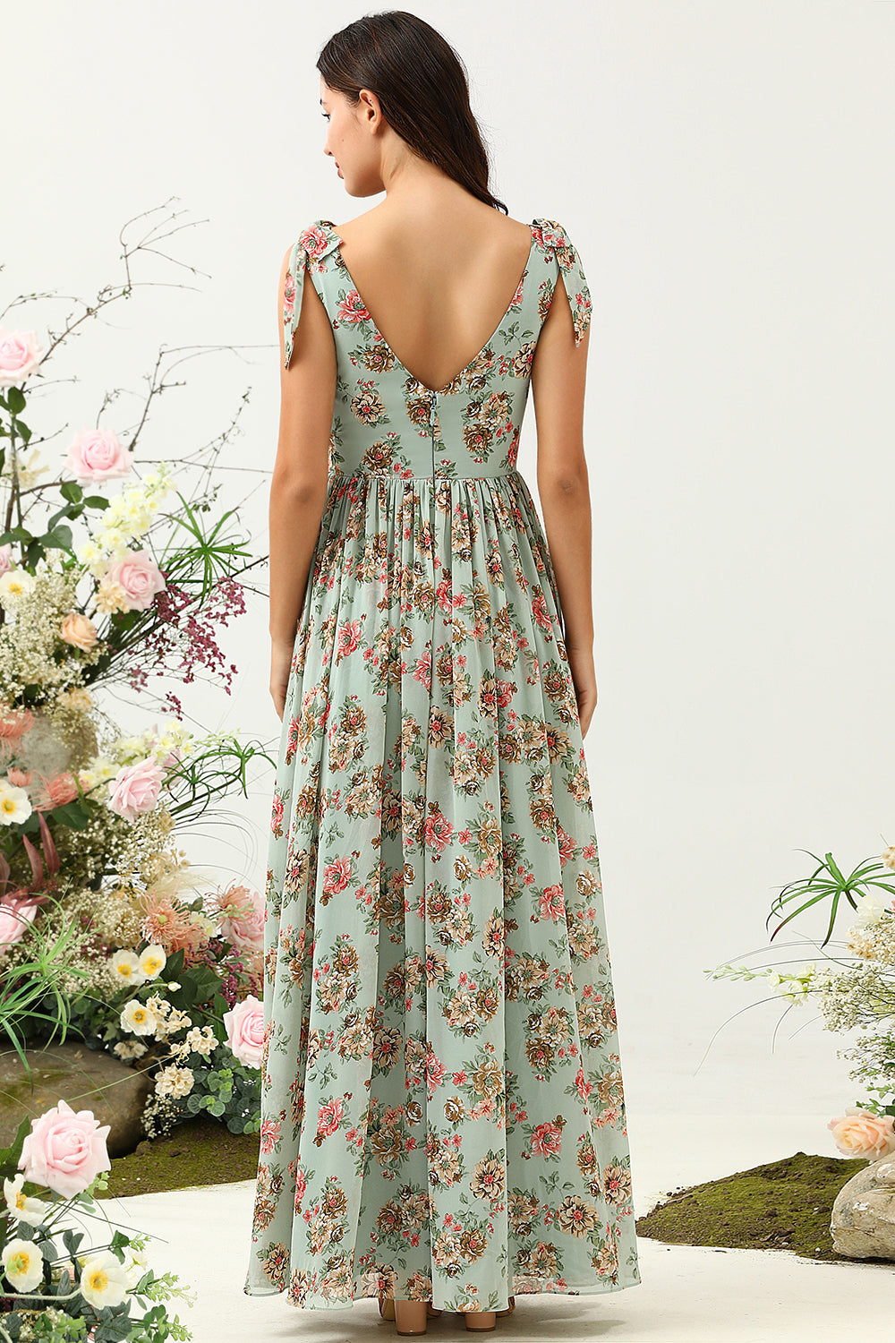 Green Floral A Line V Neck Printed Long Bridesmaid Dress with Ruffles