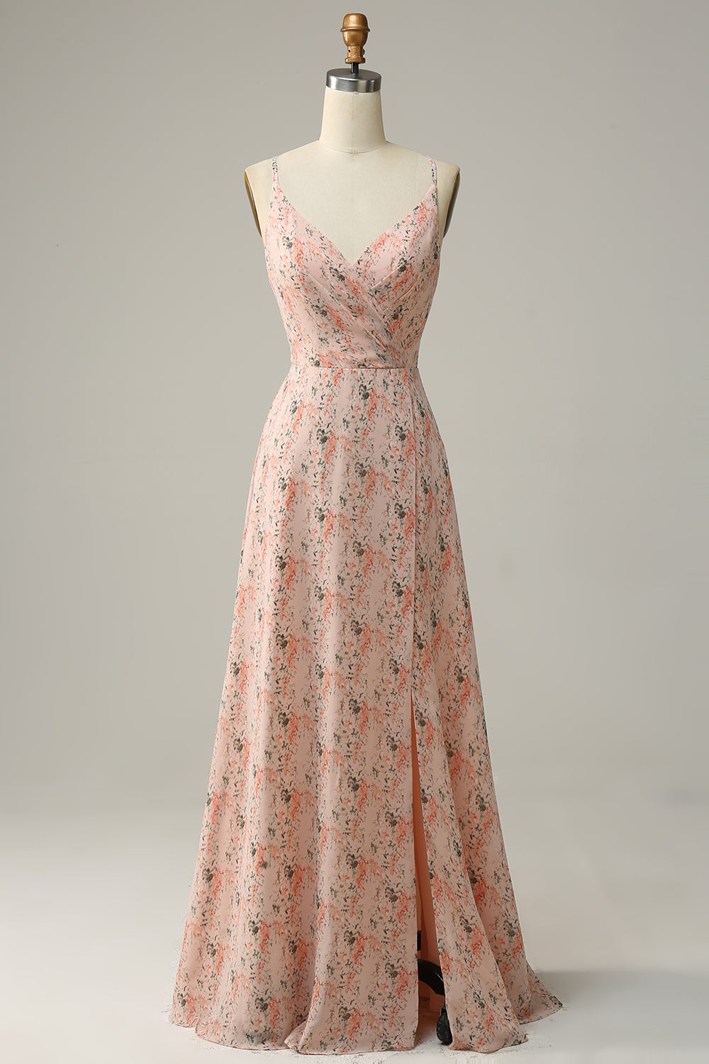 Blush A Line Spaghetti Straps Floral Print Chiffon Wedding Party Dress with Slit