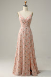 Blush A Line Spaghetti Straps Floral Print Chiffon Wedding Party Dress with Slit