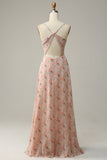 Blush A Line Spaghetti Straps Floral Print Chiffon Wedding Party Dress with Slit