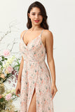 Blush A Line Spaghetti Straps Floral Print Chiffon Wedding Party Dress with Slit