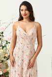 Blush A Line Spaghetti Straps Floral Print Chiffon Wedding Party Dress with Slit