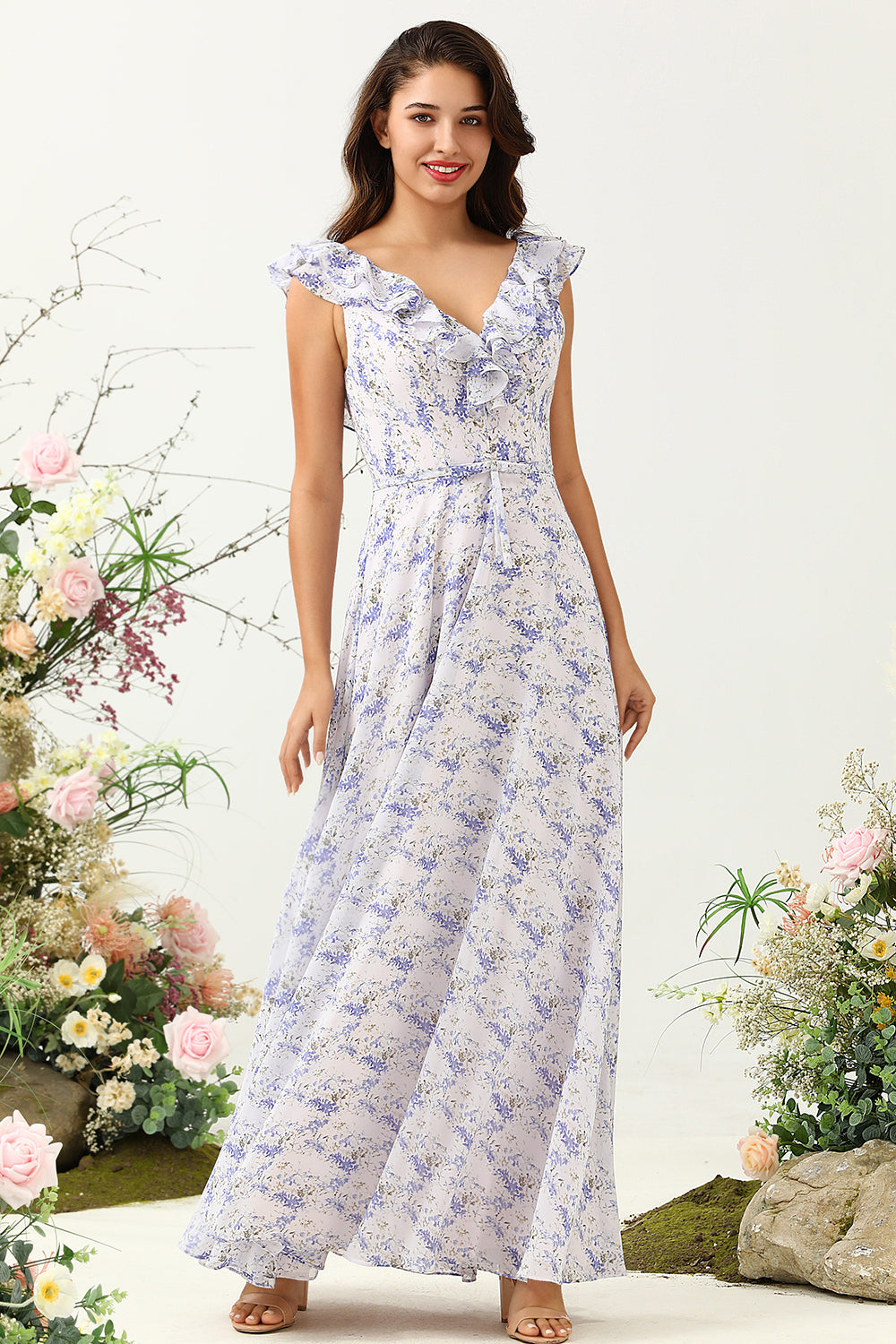 Lignt Purple Flower A Line V Neck Chiffon Plus Size Bridesmaid Dress with Open Back