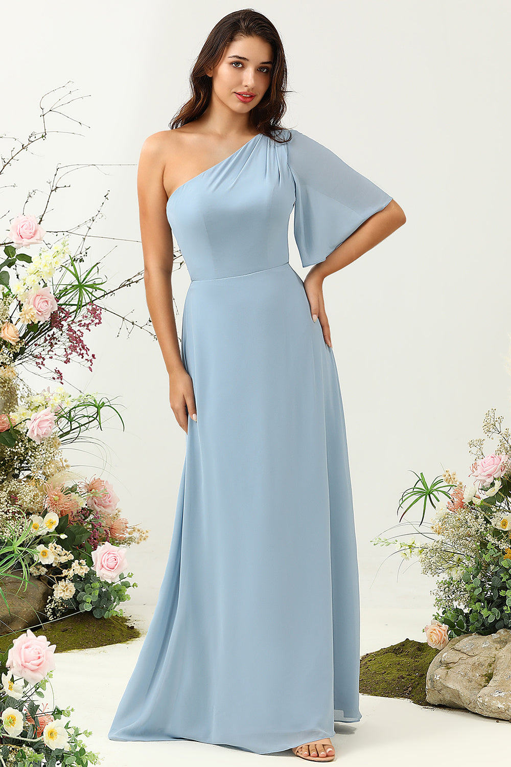 Grey Blue A Line One Shoulder Chiffon Boho Bridesmaid Dress