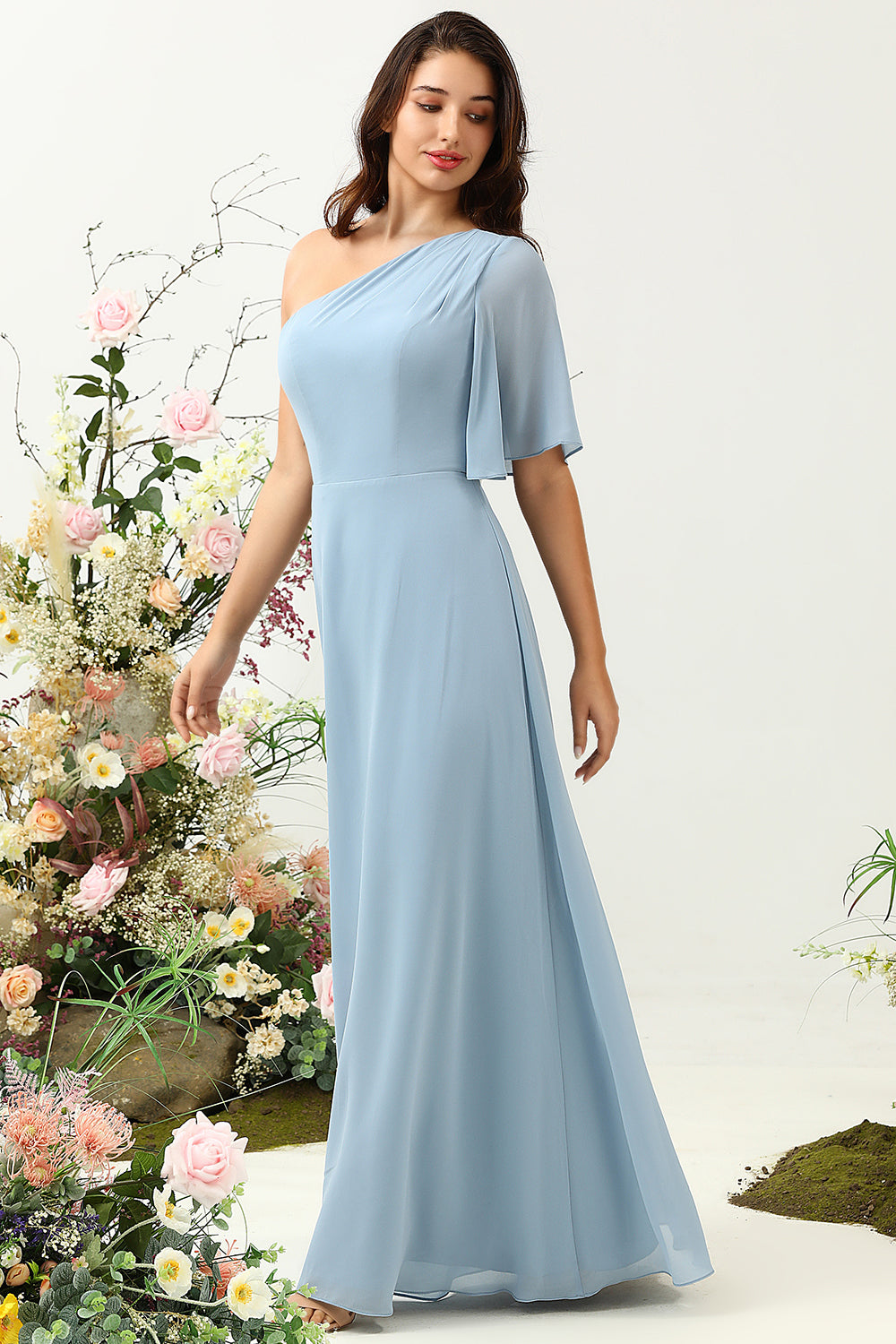 Grey Blue A Line One Shoulder Chiffon Boho Bridesmaid Dress