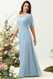 Grey Blue A Line One Shoulder Chiffon Boho Bridesmaid Dress