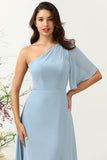 Grey Blue A Line One Shoulder Chiffon Boho Bridesmaid Dress