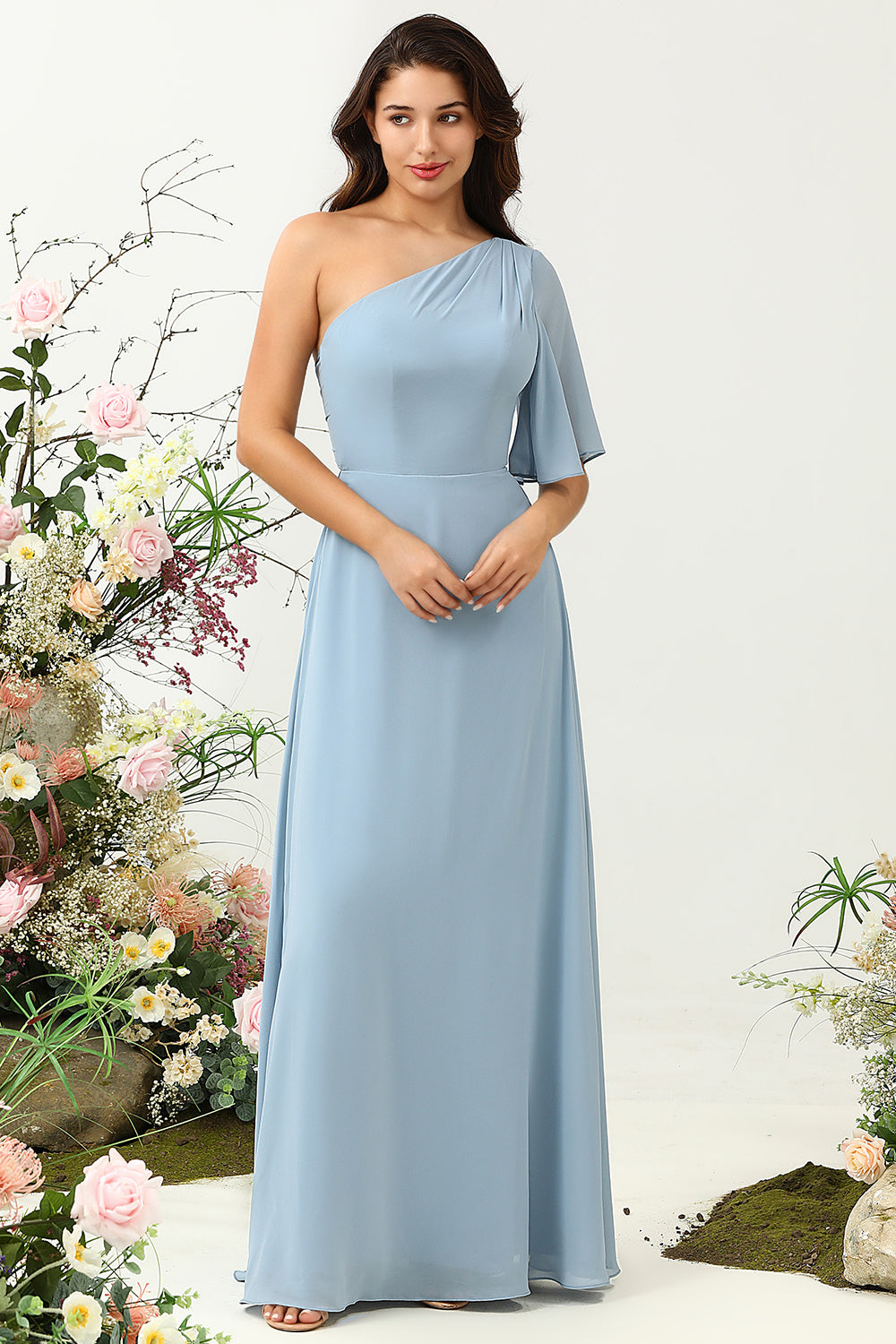 Grey Blue A Line One Shoulder Chiffon Boho Bridesmaid Dress