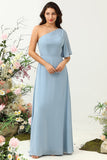 Grey Blue A Line One Shoulder Chiffon Boho Bridesmaid Dress