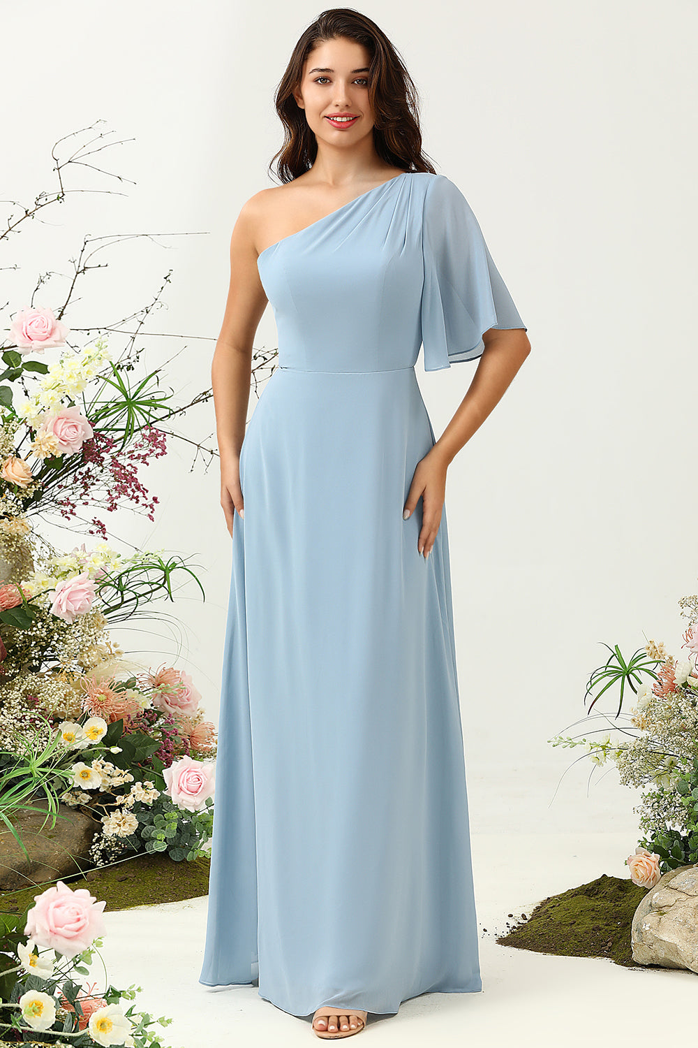 Grey Blue A Line One Shoulder Chiffon Boho Bridesmaid Dress