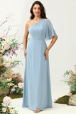 Grey Blue A Line One Shoulder Chiffon Boho Bridesmaid Dress