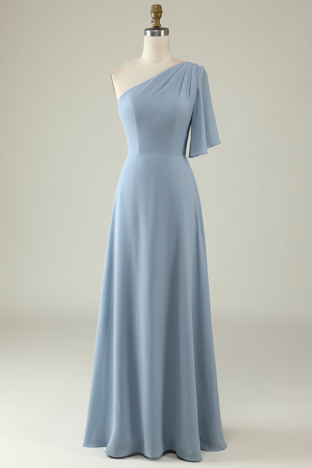Grey Blue A Line One Shoulder Chiffon Boho Bridesmaid Dress