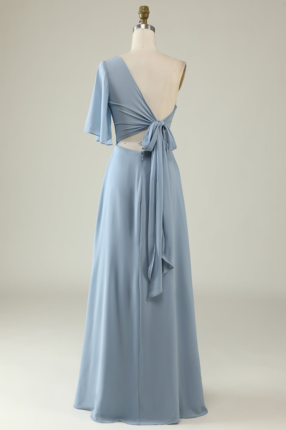 Grey Blue A Line One Shoulder Chiffon Boho Bridesmaid Dress