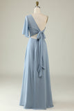 Grey Blue A Line One Shoulder Chiffon Boho Bridesmaid Dress
