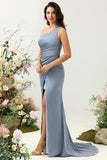 Dusty Blue Mermaid One Shoulder Ruched Bright Satin Bridesmaid Dress