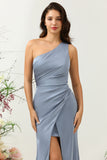 Dusty Blue Mermaid One Shoulder Ruched Bright Satin Bridesmaid Dress