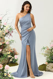 Dusty Blue Mermaid One Shoulder Ruched Bright Satin Bridesmaid Dress