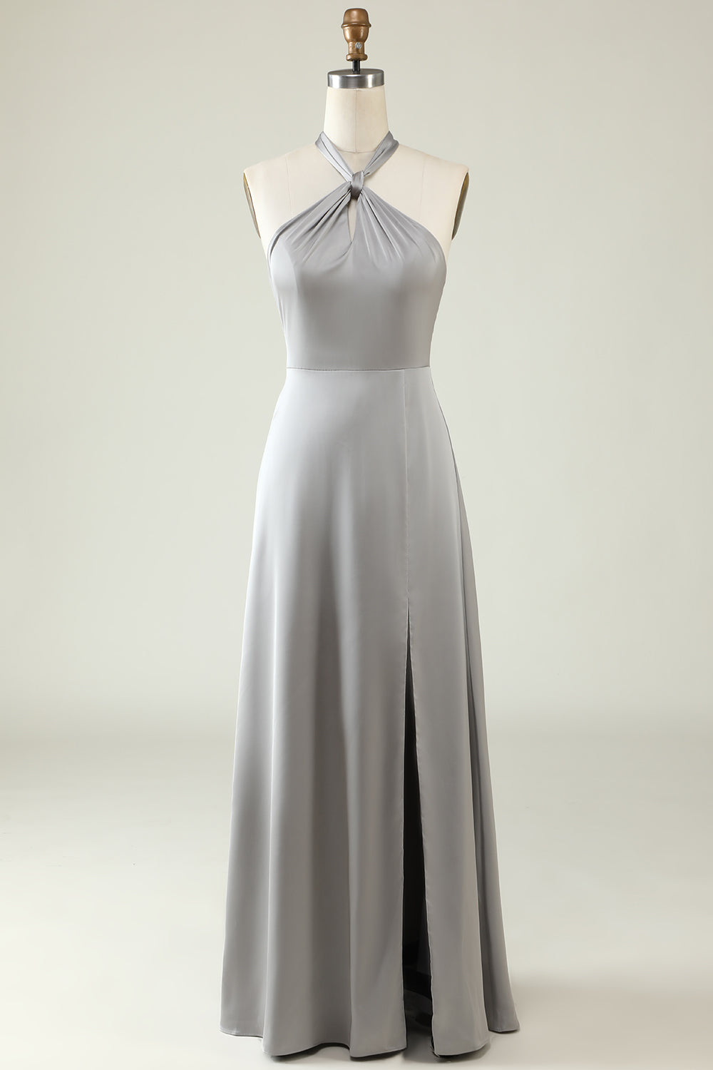 Grey A-Line Halter Bright Satin Floor-Length Bridesmaid Dress with Slit