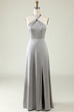 Grey A-Line Halter Bright Satin Floor-Length Bridesmaid Dress with Slit