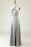 Grey A-Line Halter Backless Bright Satin Bridesmaid Dress with Slit