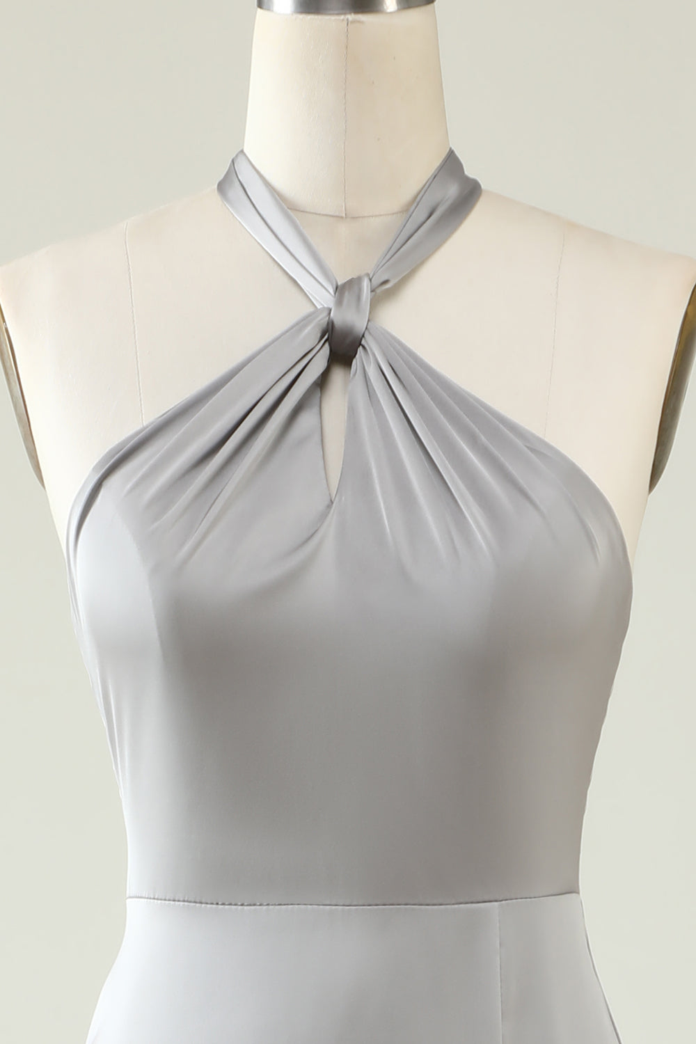 Grey A-Line Halter Backless Bright Satin Bridesmaid Dress with Slit