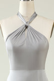 Grey A-Line Halter Backless Bright Satin Bridesmaid Dress with Slit