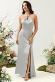 Grey A-Line Halter Bright Satin Floor-Length Bridesmaid Dress with Slit