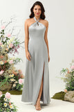 Grey A-Line Halter Bright Satin Floor-Length Bridesmaid Dress with Slit