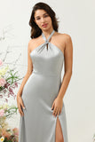 Grey A-Line Halter Bright Satin Floor-Length Bridesmaid Dress with Slit